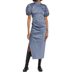 GESTUZ Sunnagz Open Back High Neck Side Slit Ruched Puff Sleeve Midi Dress 2